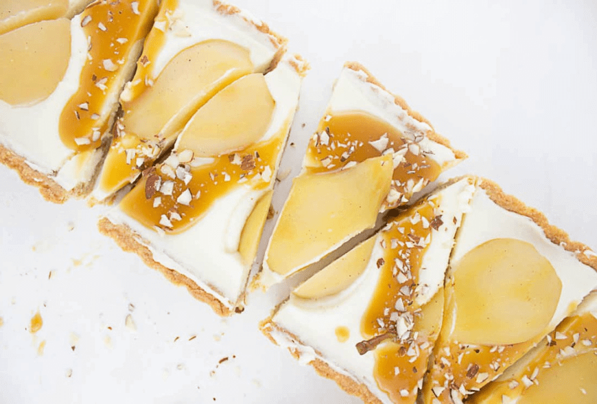 Pear cheesecake with bourbon butterscotch sauce