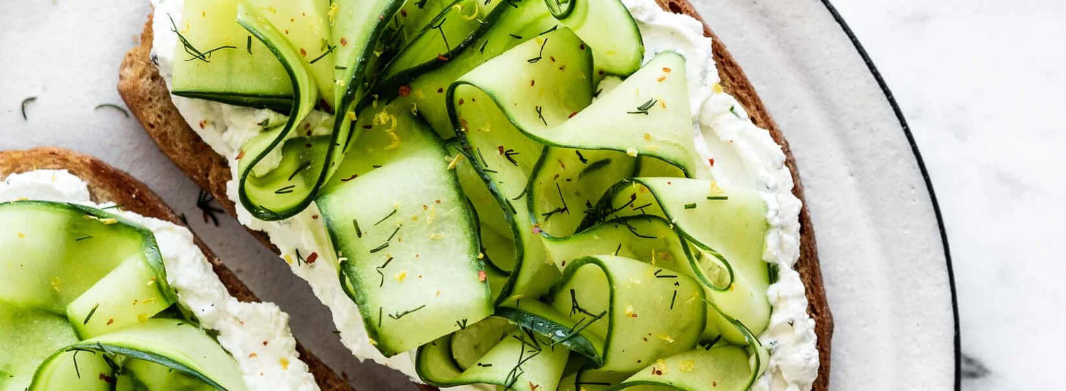 Shaved cucumber lemon dill cream cheese toast