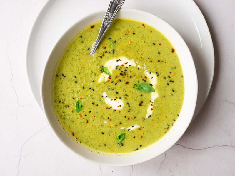 Vegan broccoli soup recipe with edamame, miso & coconut yogurt