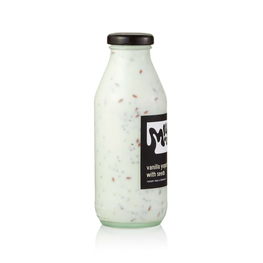 Vanilla Drinkable Yogurt With Chia & Flax Seeds 2,5% 350ml, glass in Bali. Milkup dairy products