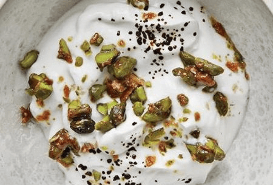 Coconut yogurt with caramelized pistachios raw licorice