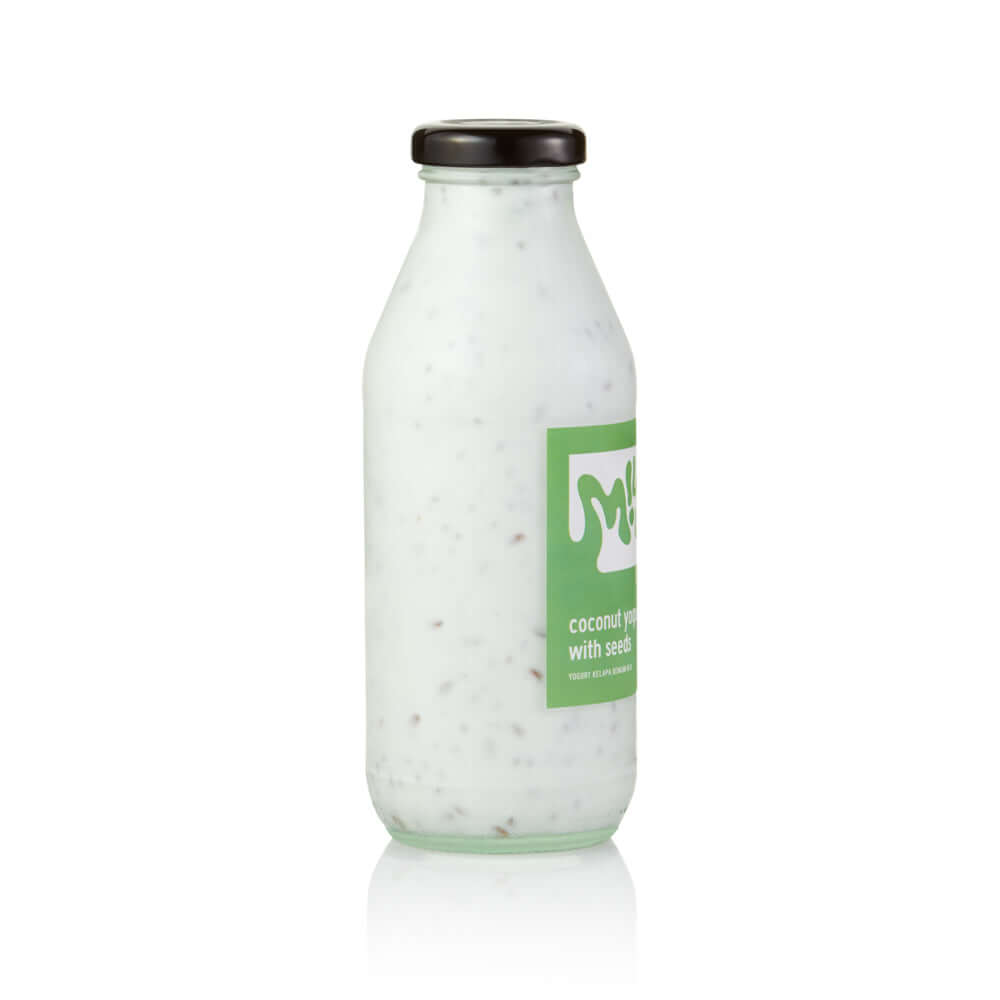 Coconut Yogurt with Chia &amp; Flax Seeds, plant-based, 350ml, glass, vegan in Bali. Milkup dairy products