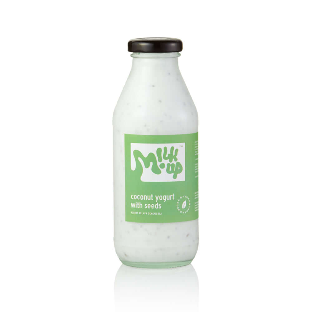 Coconut Yogurt with Chia &amp; Flax Seeds, plant-based, 350ml, glass, vegan in Bali. Milkup dairy products