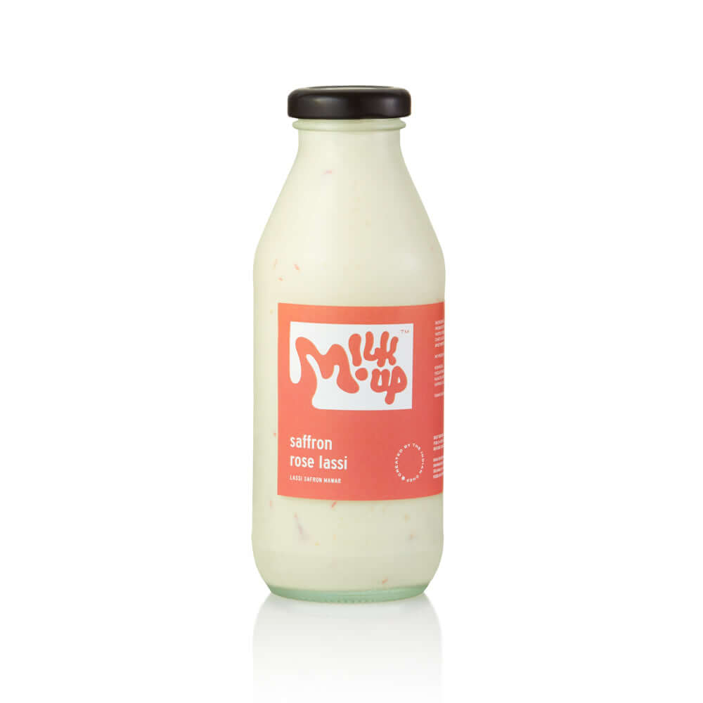 Saffron Rose Lassi 350ml, glass in Bali. Milkup dairy products