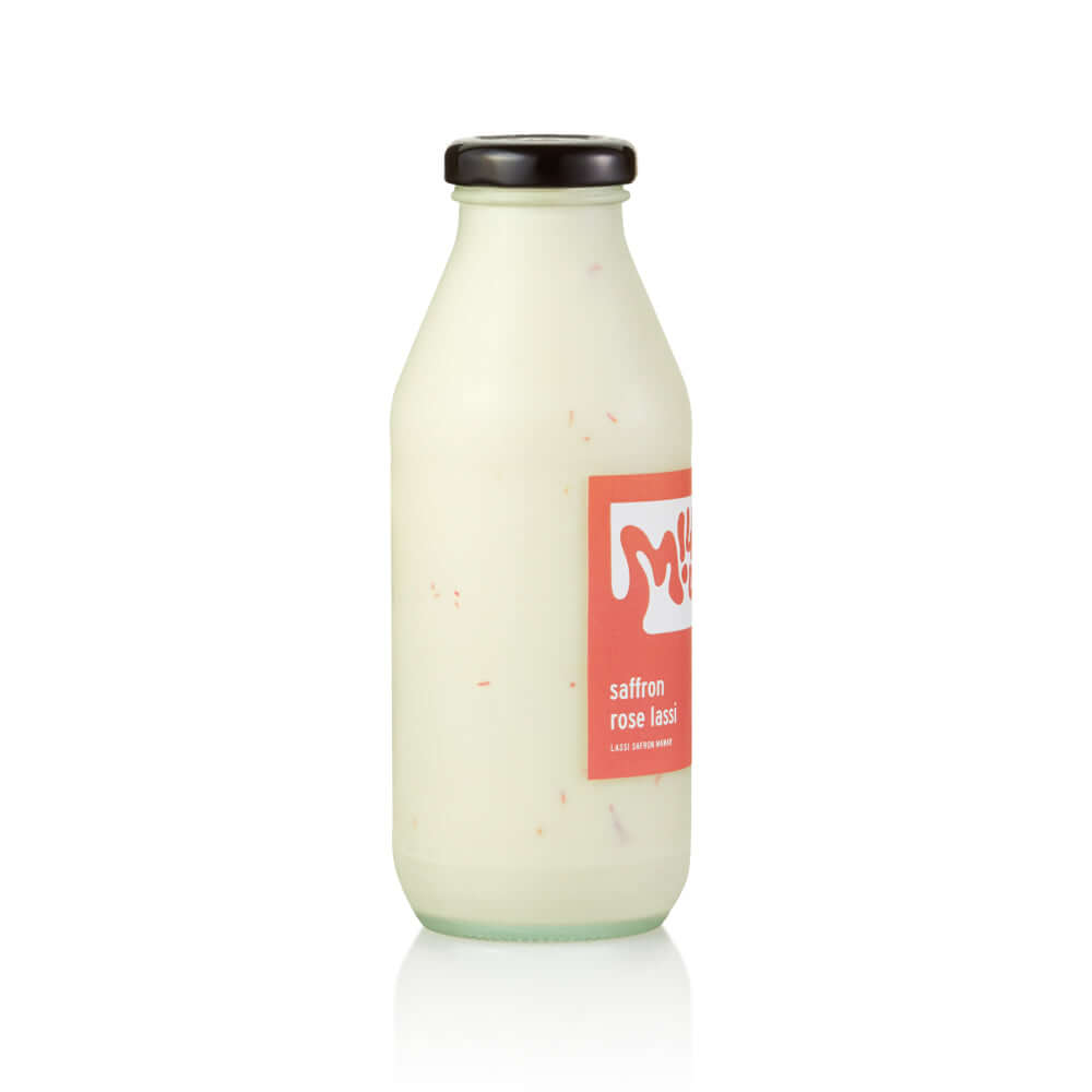 Saffron Rose Lassi 350ml, glass in Bali. Milkup dairy products