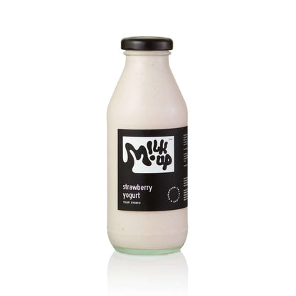 Strawberry Drinkable Yogurt 2,5% 350ml, glass in Bali. Milkup dairy products