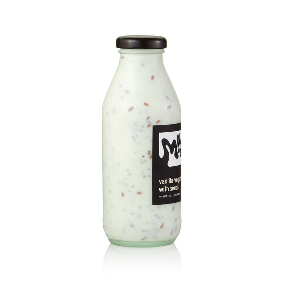 Vanilla Drinkable Yogurt With Chia &amp; Flax Seeds 2,5% 350ml, glass in Bali. Milkup dairy products